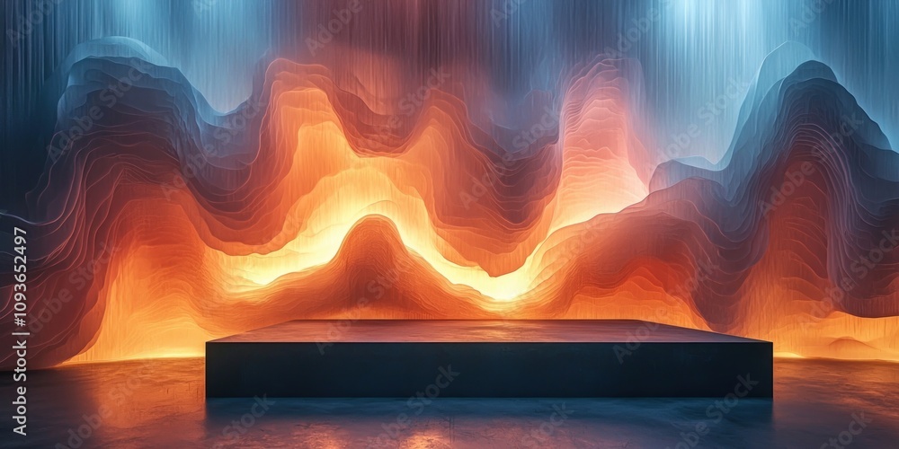 Poster Abstract Background with Illuminated Wavy Textures and a Black Platform