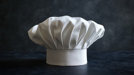  White chef hat in side view with distinct pleats, placed on matte black surface, offering ample space for text or promotional design.