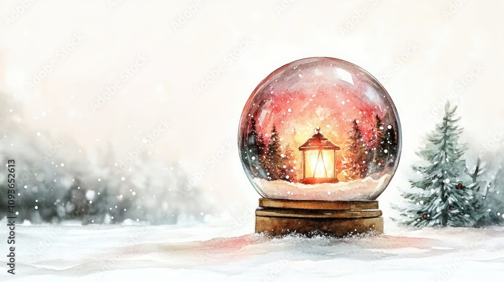 Poster watercolor painting of a snow globe with a lantern and pine trees