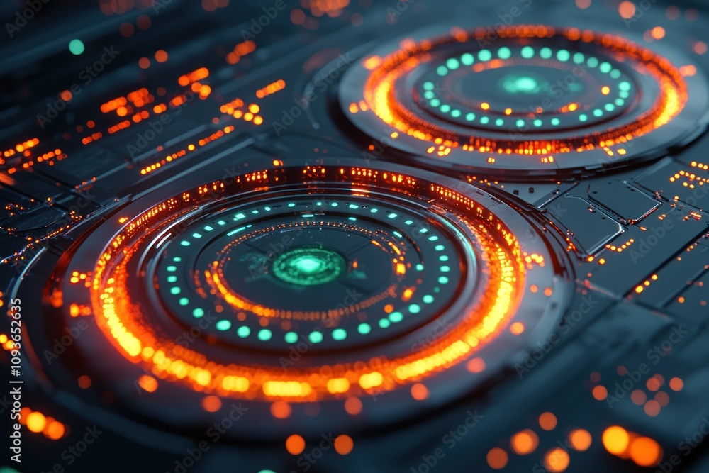 Poster futuristic interface with circular lights and glowing lines