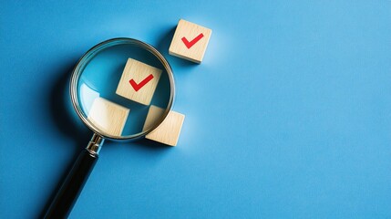 Magnifying glass over wooden blocks with checkmarks on blue background.