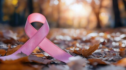 Pink Ribbon on a Bed of Autumn Leaves