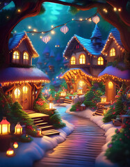 Fototapeta premium fairy village decorated magical holiday season sparkling lights festive decorations indoors