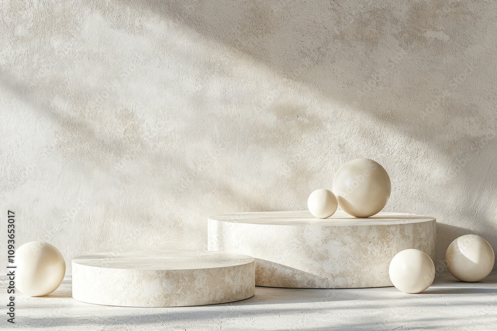 Aufkleber abstract minimalist display with white circular platforms and spheres against a textured white wall