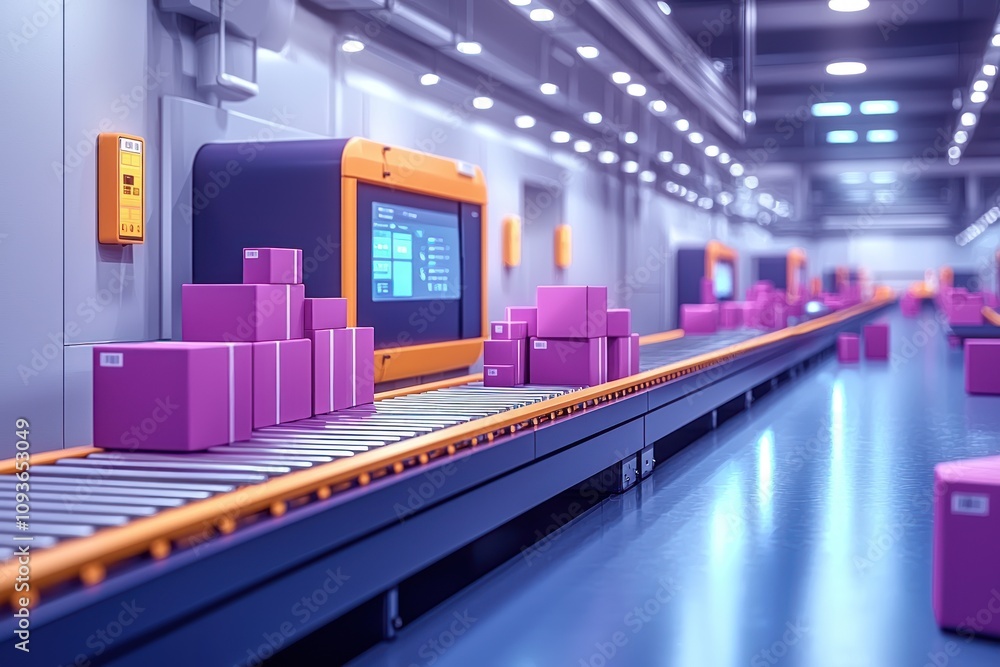 Poster Automated Package Sorting System with Conveyor Belt and Stacked Boxes