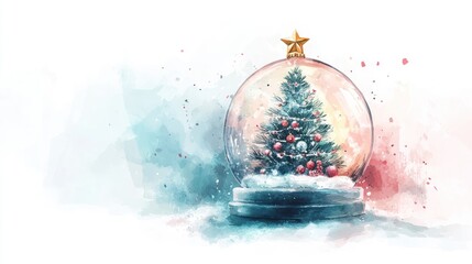 Watercolor Illustration of a Christmas Tree Inside a Snow Globe