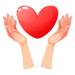 Obraz premium Vector illustration of hands holding pink heart, giving love, valentine, receiving love. Heart in hand. Symbol of kindness, love, empathy, charity, mental health and family. Valentine's day.