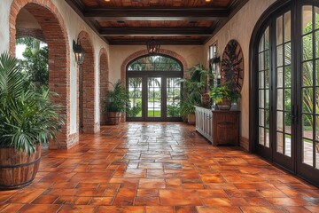 Brick-walled entryway with arched doorway leading to a patio with lush greenery