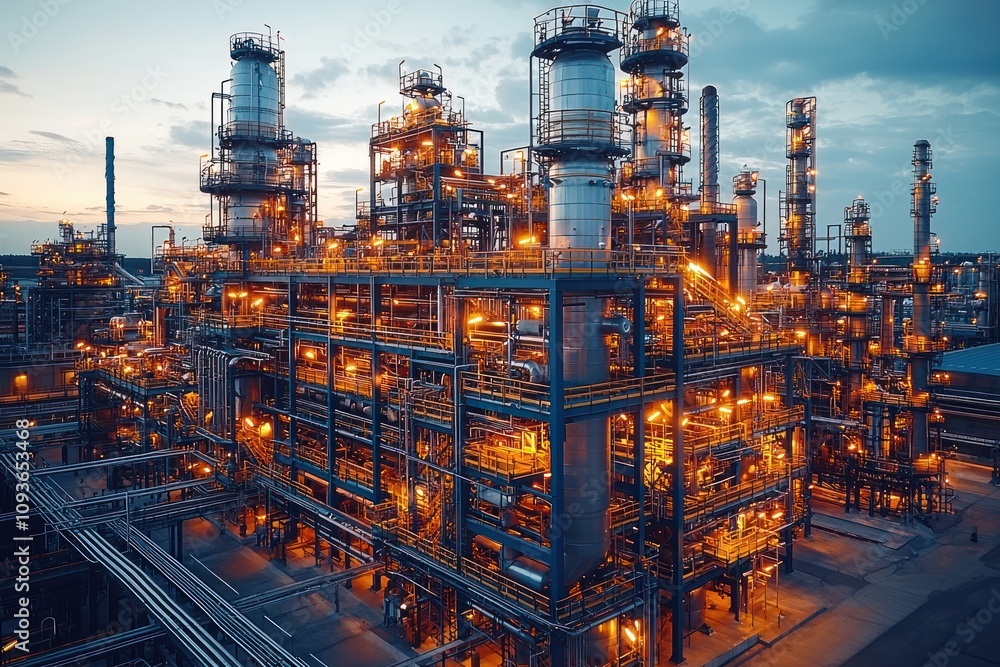 Poster illuminated industrial complex with tall towers and pipelines