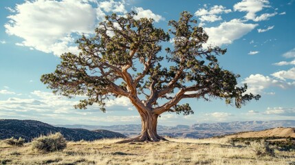 Majestic Lone Juniper Tree on a Hilltop, Overlooking Vast Mountain Ranges Under a Sky Filled with Fluffy Clouds