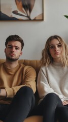Young couple in casual wear sitting on a sofa at home, looking thoughtful and relaxed; background features modern art.
