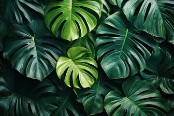 Fototapeta premium Lush Green Monstera Leaves Close-Up Texture
