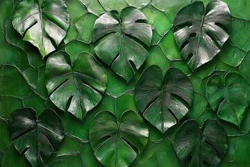 Fototapeta premium Lush Green Monstera Leaves Arranged in a Pattern on a Green Background