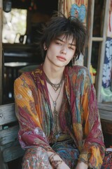 Young person with modern mullet, shag haircut wears colorful bohemian clothes. Sits in rustic outdoor cafe. Trendy fashion photo. Outdoor cafe setting with wooden tables. Person wears layered