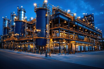 Obraz premium Illuminated Industrial Complex with Storage Tanks and Pipes at Night