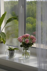 bouquet of pink roses on the window
