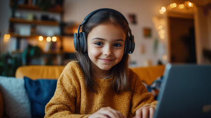 happy little girl using computer with headphones, looking at camera