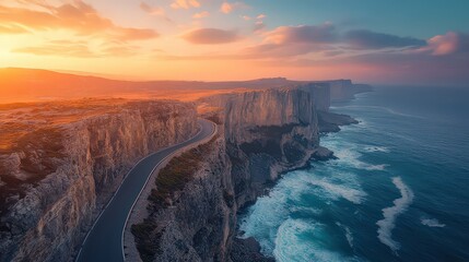  Scenic coastal road winding along towering cliffs, bathed in soft golden sunset light, overlooking turquoise waves crashing against the shore.