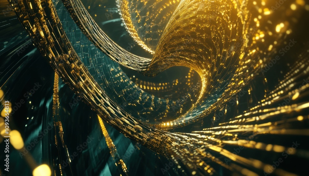 Poster Golden Threads Intertwining Through a Dark, Abstract Space