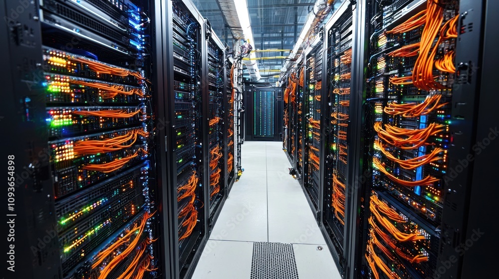 Poster rows of server racks with orange cables in a data center