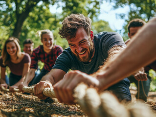 A team engaging in outdoor team-building activities