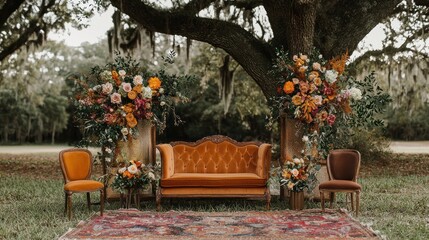 Outdoor Wedding Ceremony Setup with Vintage Furniture and Floral Arrangements