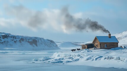  Remote snow-covered cabin with chimney smoke rising, surrounded by frozen tundra and rugged cliffs under clear winter sky, evoking isolation and tranquility.