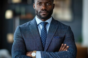 A Confident Black Man in a Blue Suit with a Watch and a Tie