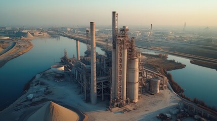 Obraz premium Aerial view of sprawling industrial plant near river at sunrise, reflecting advanced manufacturing, infrastructure, and environmental impact.