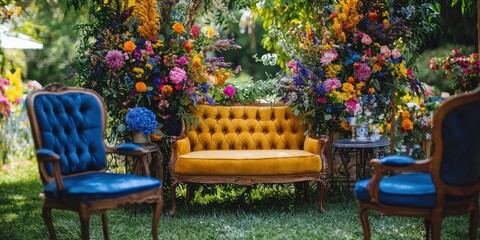 A Yellow Sofa and Blue Chairs Flanked by Colorful Floral Arrangements in a Garden Setting