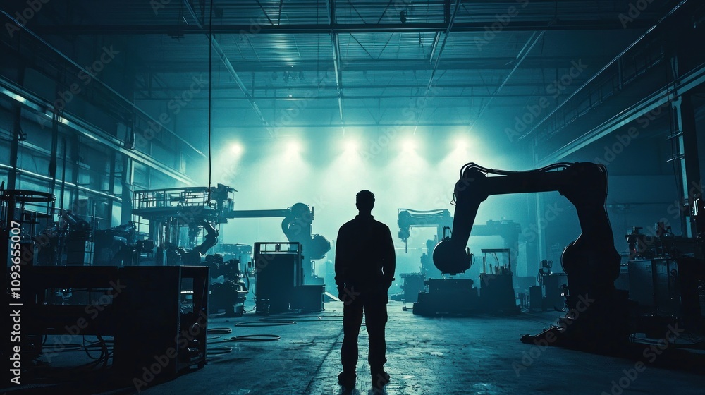 Poster silhouetted worker facing industrial robots in a factory