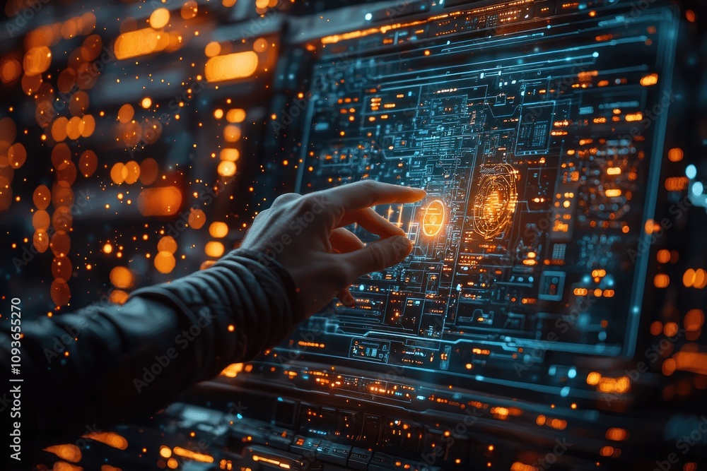 Poster hand interacting with a futuristic digital interface