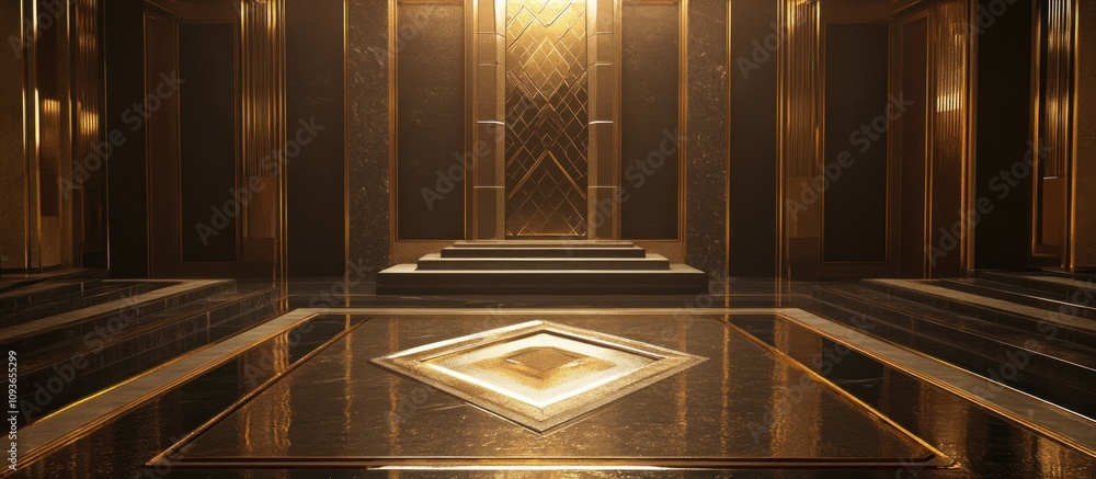 Poster golden hallway with geometric patterns and a shiny floor