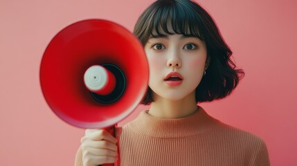 Confident young woman with short hair holding a red megaphone, standing against a pink background, expressing empowerment.