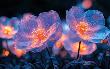 Glowing white flowers in the dark, abstract digital art