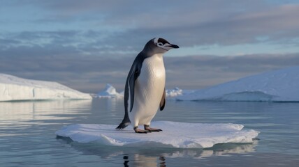 Obraz premium A lone penguin standing on a small ice floe in the middle of an Arctic landscape. The background shows a serene icy environment with large icebergs and a calm, reflecting surface of water.