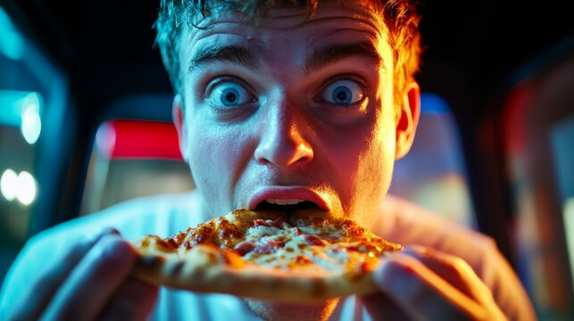 Close-up of an enthusiastic young man taking a big bite of a cheesy pizza slice, conveying joy and hunger.