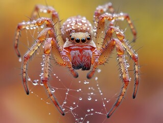 Fototapeta premium Dew-Kissed Spider on Web, Close-Up