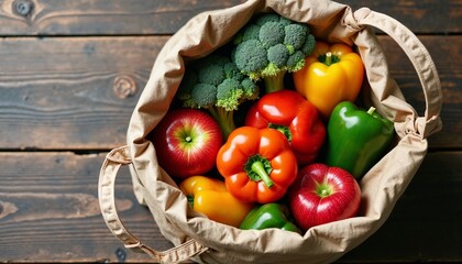 Reusable cloth bag filled with fresh apples, colorful bell peppers, and broccoli placed on a rustic wooden surface, highlighting sustainable and healthy lifestyle choices