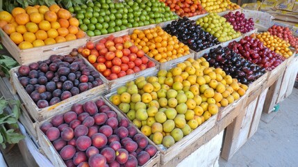 Colorful Fruits Displayed in Wooden Crates at a Market Stall