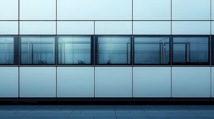  Minimalist modern building facade with horizontal windows and clean white panels, showcasing symmetry and contemporary architectural design.
