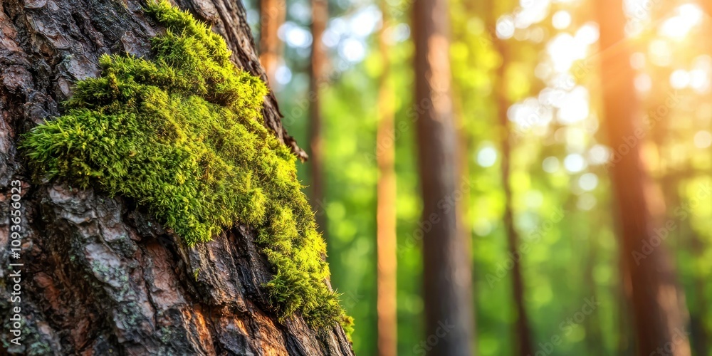 Poster close-up of moss growing on a tree trunk in a sunlit forest