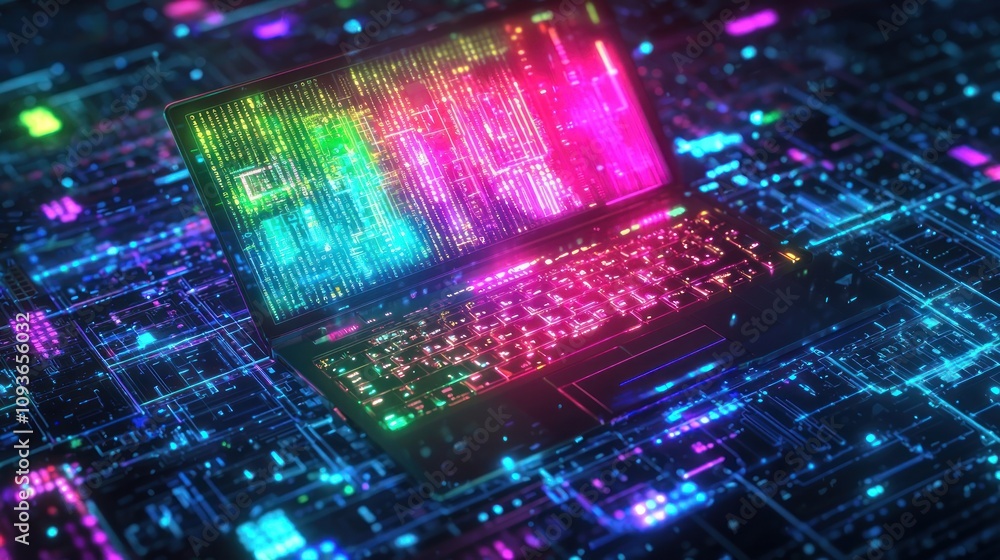 Poster Laptop with Glowing Keyboard and Screen Displaying Code