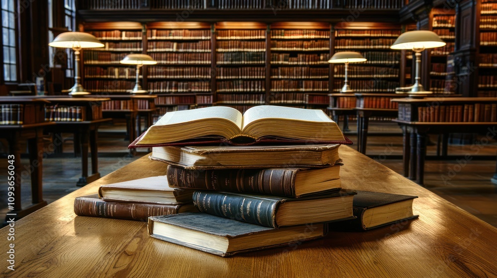 Poster open book and stack of books on a table in a library