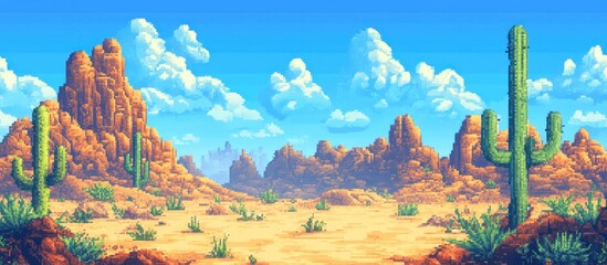 Pixelated Desert Landscape with Tall Cacti and Rock Formations
