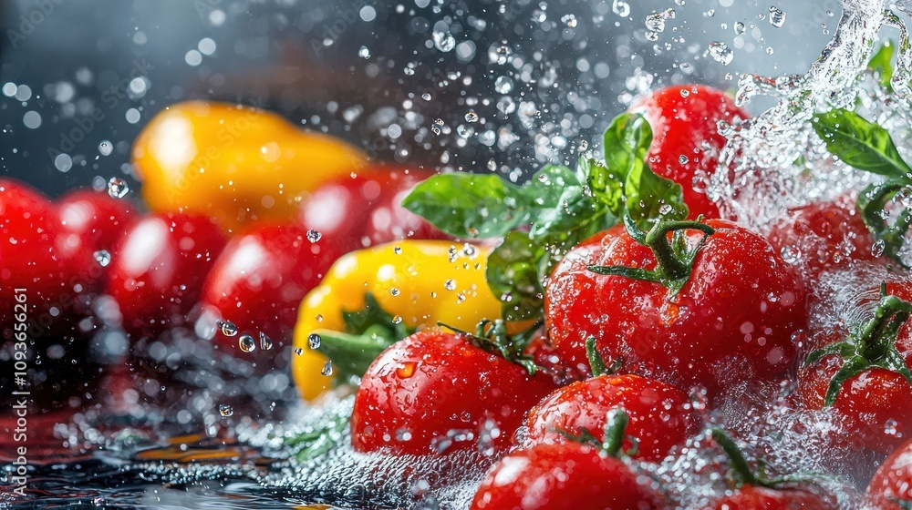 Poster close-up of red tomatoes and yellow peppers splashed with water