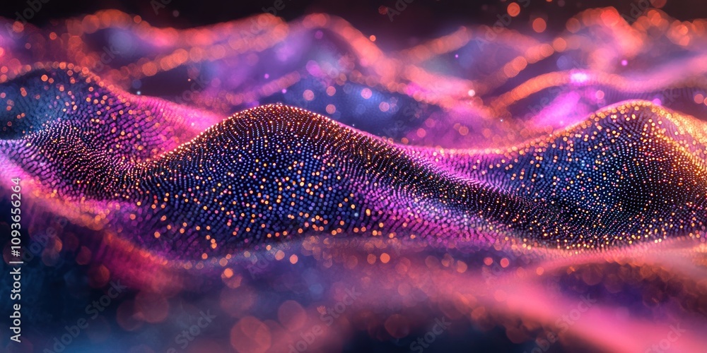 Poster abstract wavy background with glowing particles and bokeh lights