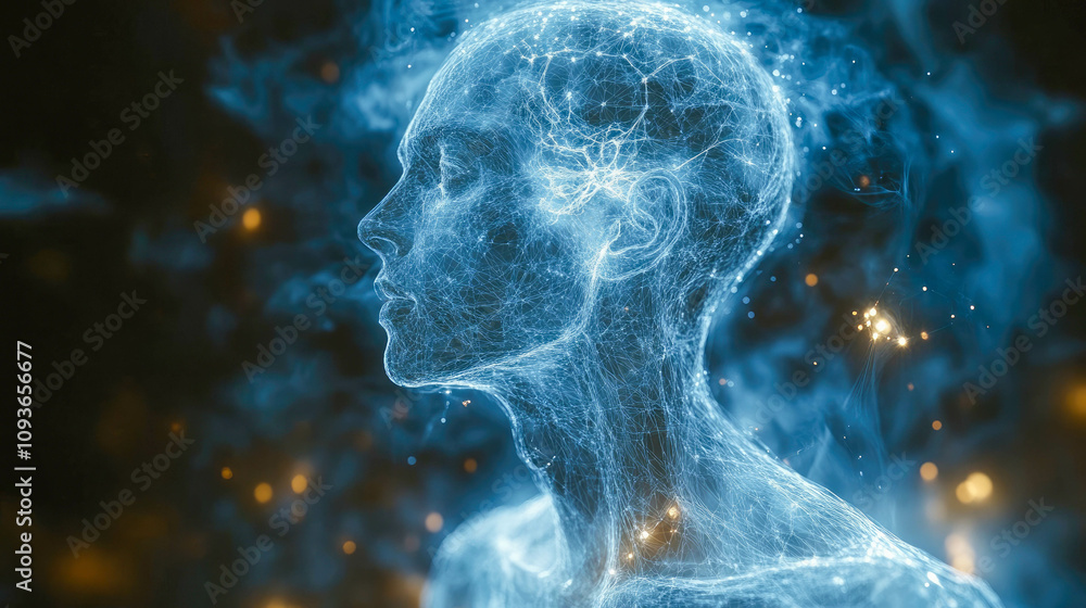 Poster a schematic representation of a human figure with illuminated neural connections in the brain, symbo