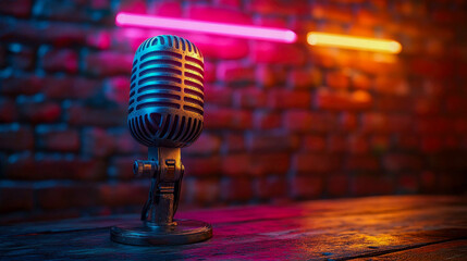 A vintage microphone against a brick wall with neon lights in the background