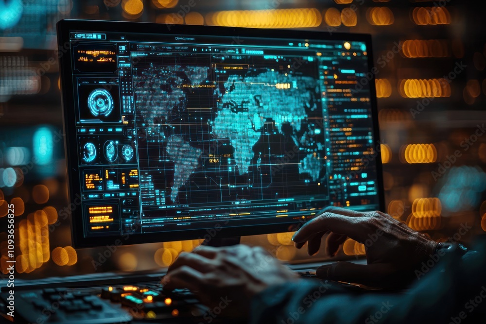 Poster A Person Using a Computer with a Digital World Map Displayed on the Screen